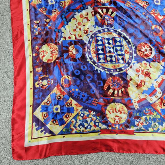 VINTAGE Womens CATHAYA 100% Silk Scarf Wrap 34"X34" Red Blue Multi Print Square - Picture 15 of 16
